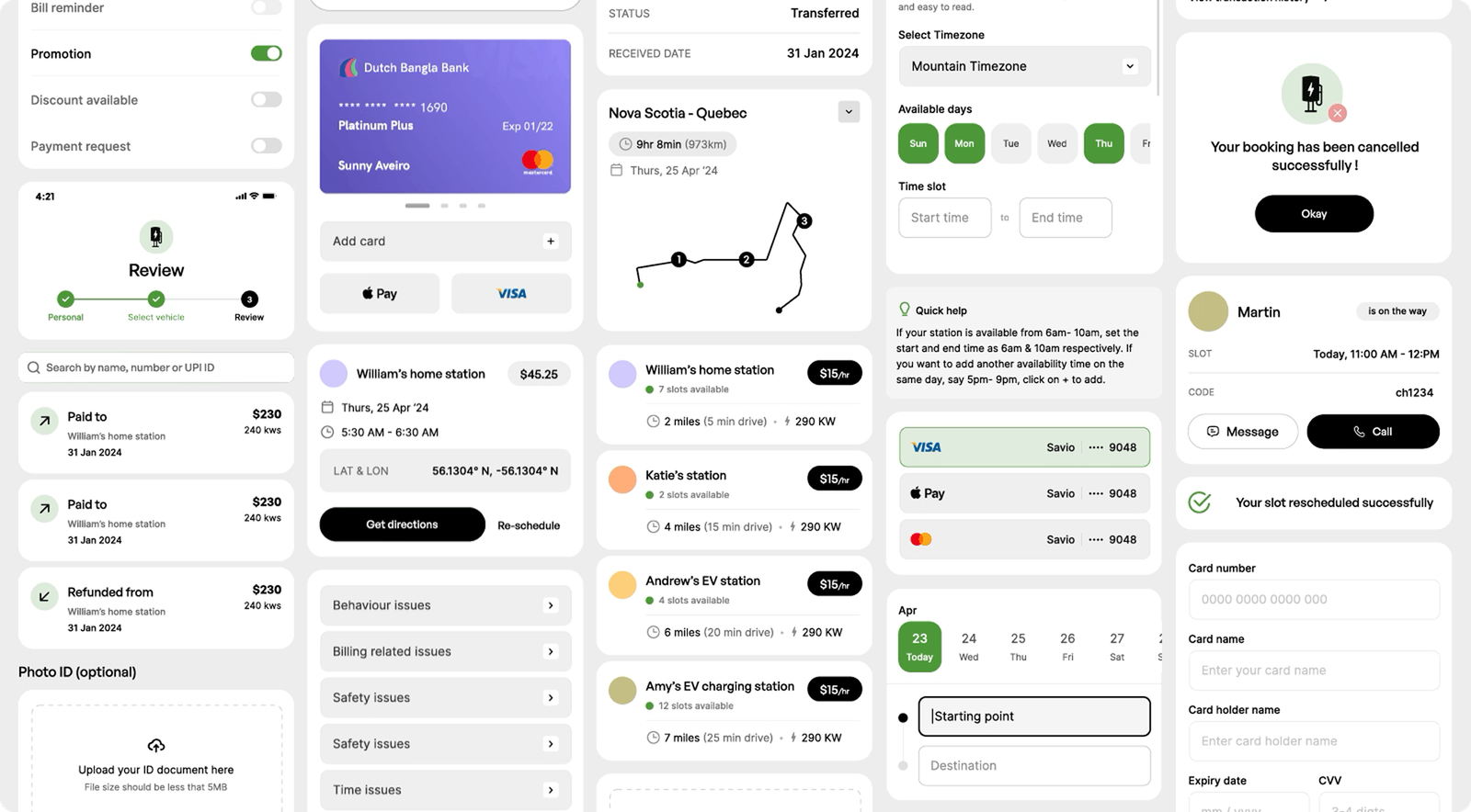 Chargin app screens — bookings, payments, and station details