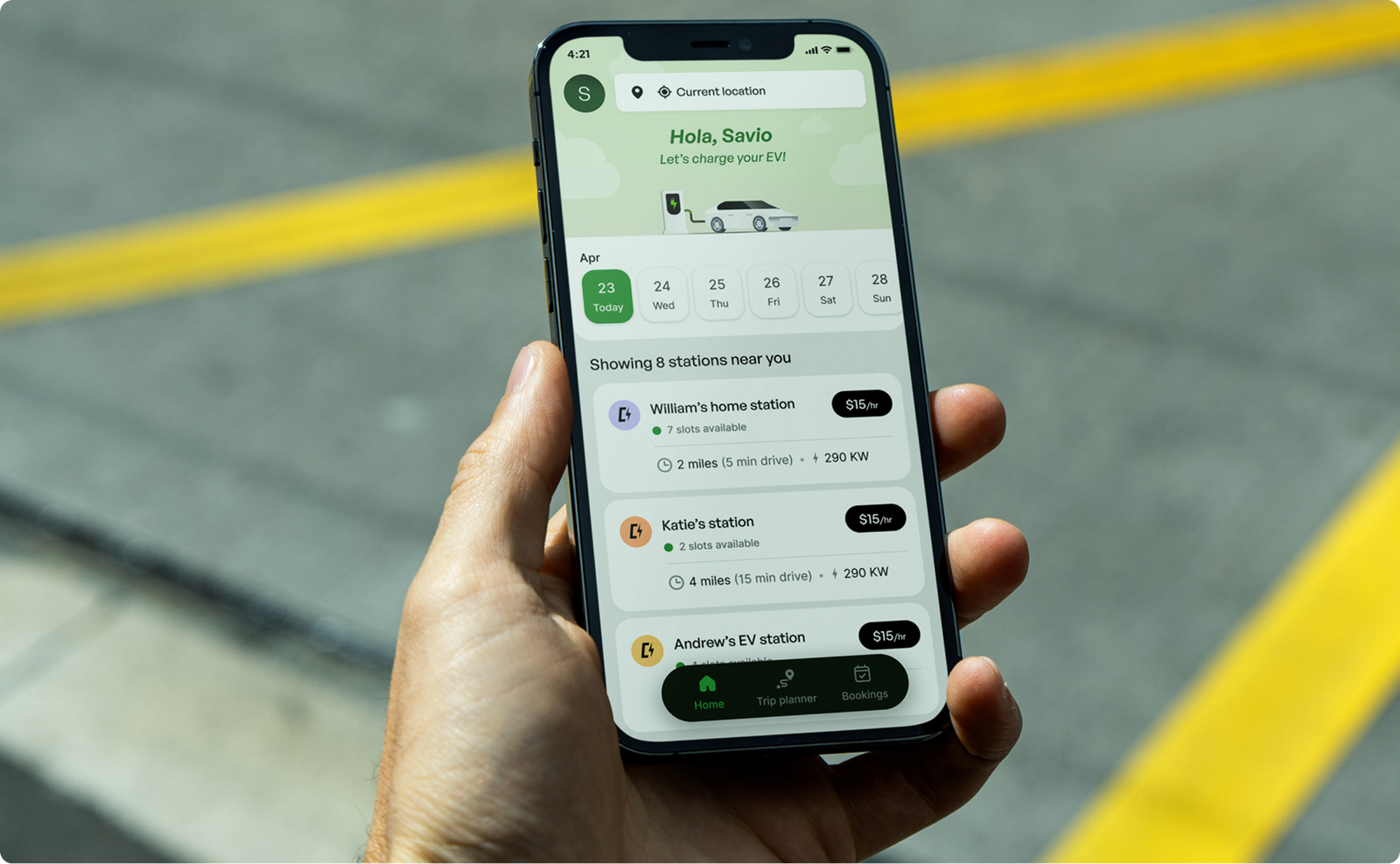 Chargin app — nearby charging stations, shown in hand