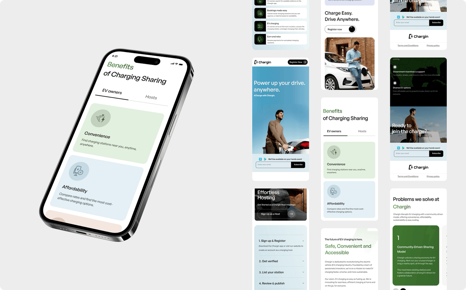 Chargin app and website screens — benefits, hosting, and onboarding