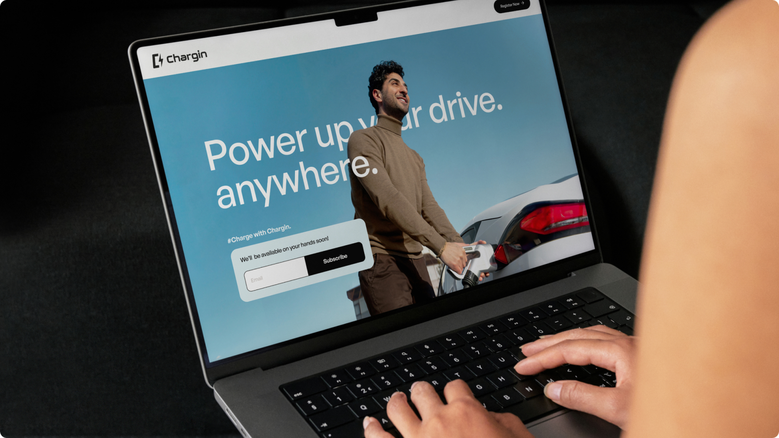 Chargin website — Power up your drive, anywhere, shown on a laptop
