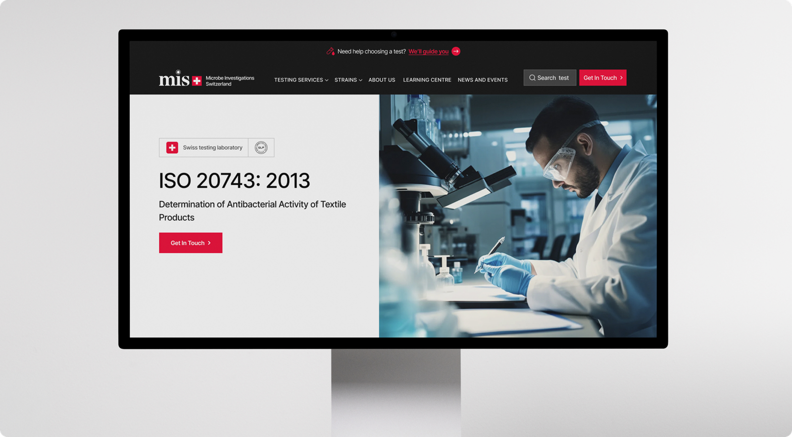 MIS website — ISO 20743:2013 testing page, shown on a desktop monitor