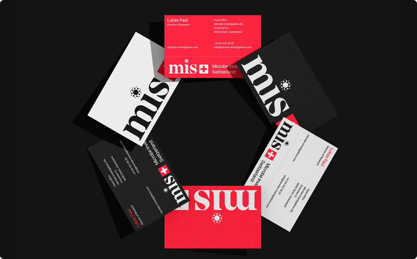 MIS business cards arranged in a circular pattern